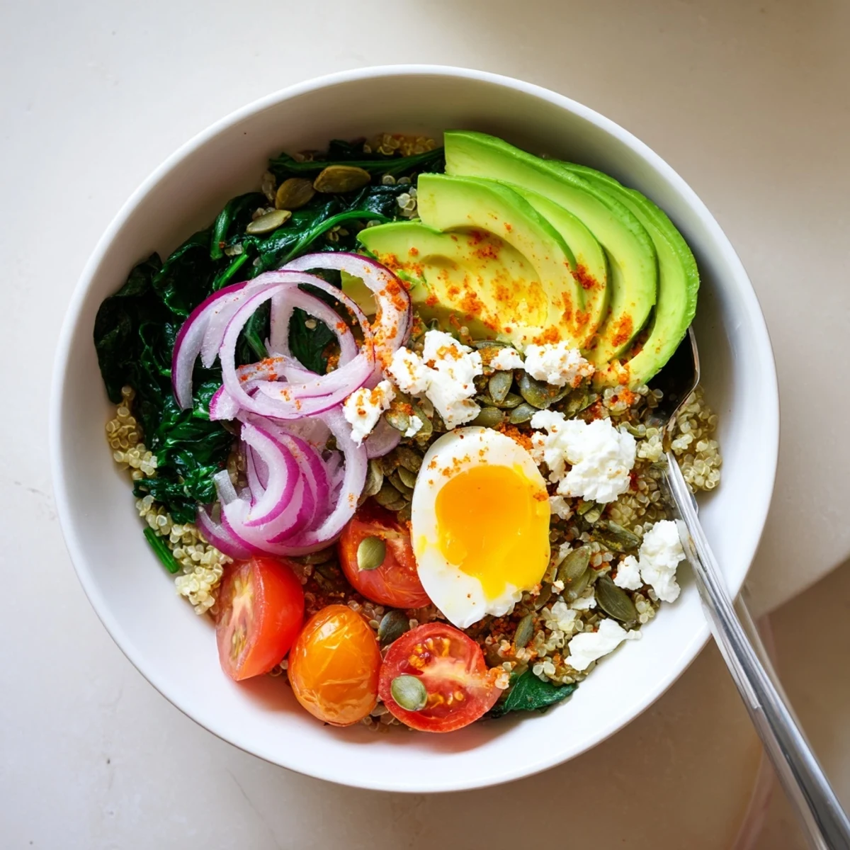 Fluffy quinoa breakfast bowl topped with creamy avocado slices and sautéed spinach