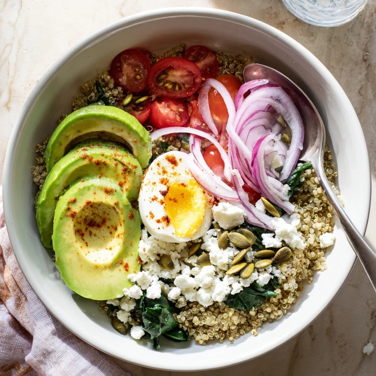 Vibrant breakfast bowl featuring fluffy quinoa, ripe avocado, wilted spinach, and cherry tomatoes