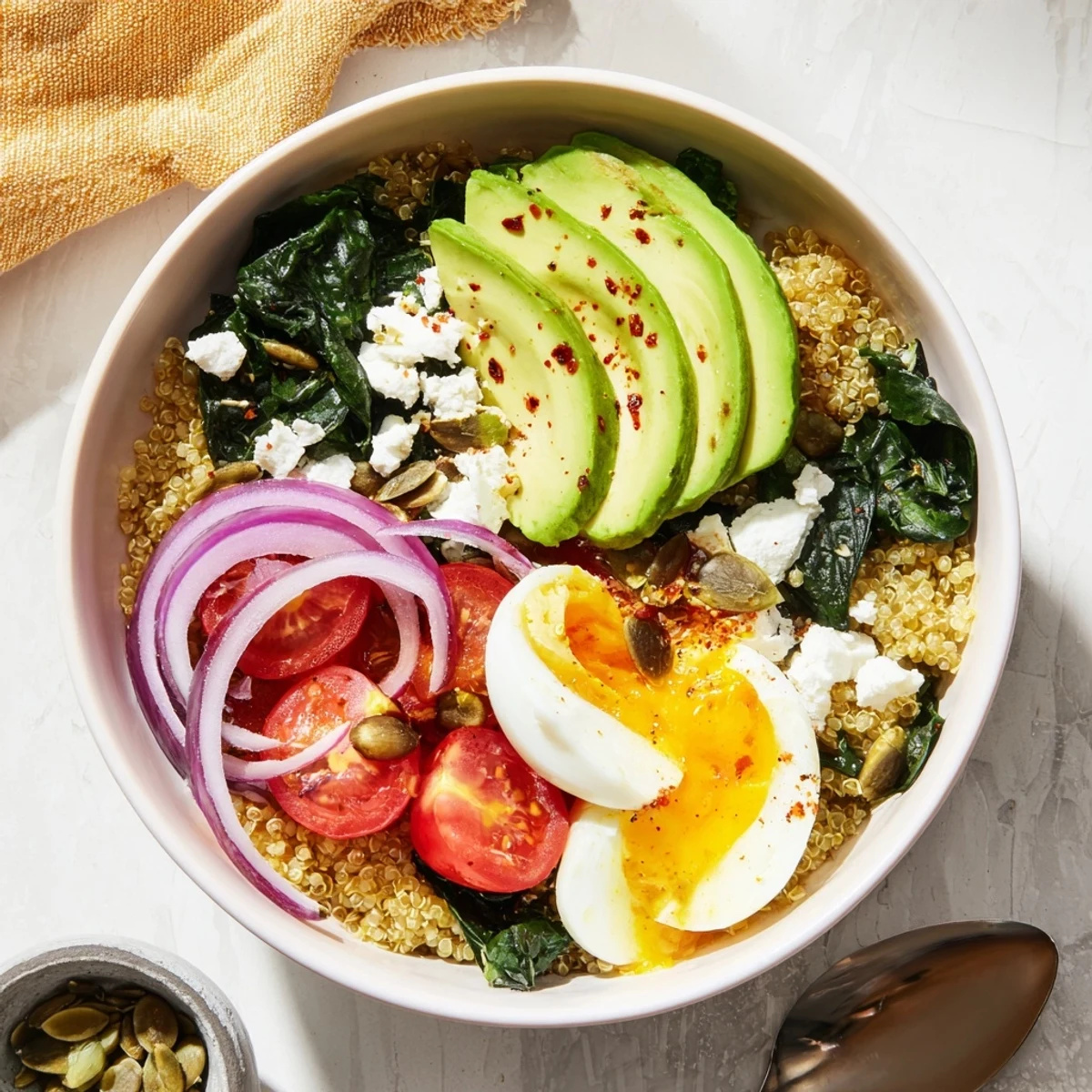 Colorful avocado and spinach quinoa breakfast bowl served with fresh vegetables and seeds