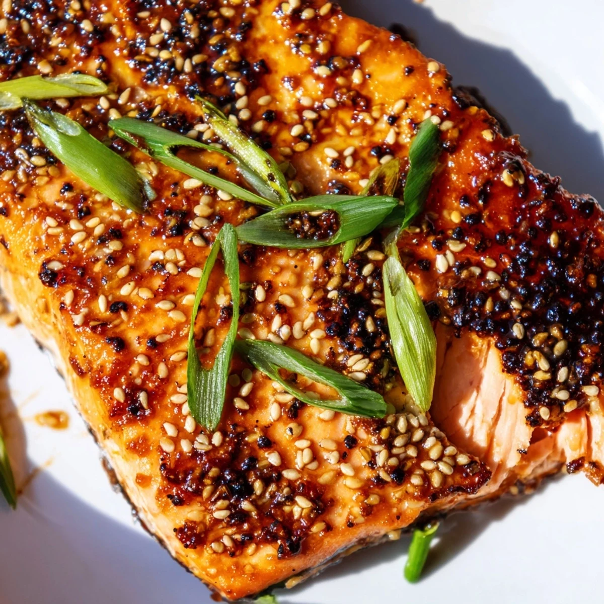 Flaky salmon fillets coated in tangy orange miso glaze with fresh green onion garnish