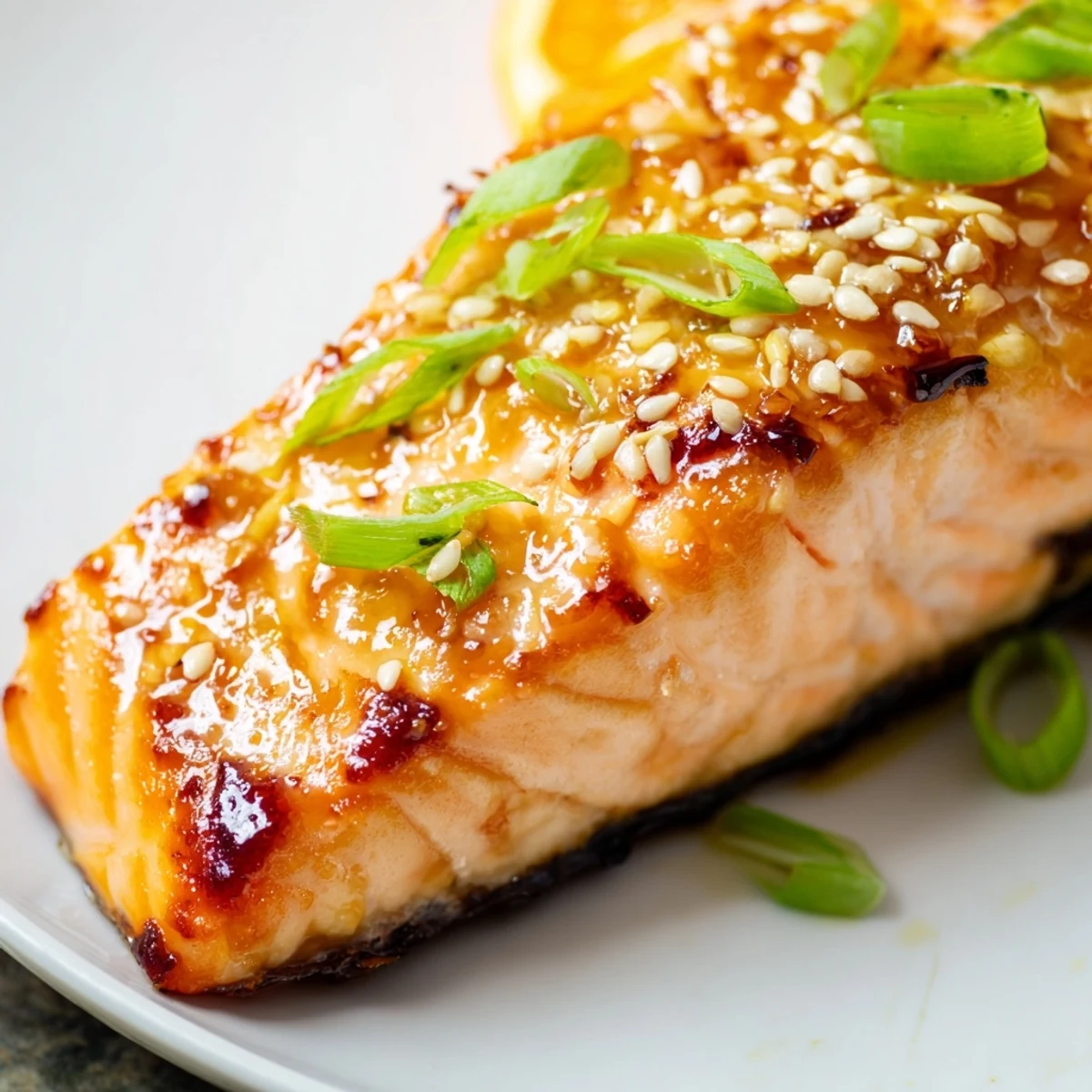 Oven roasted citrus miso glazed salmon served with lime wedges on a white plate