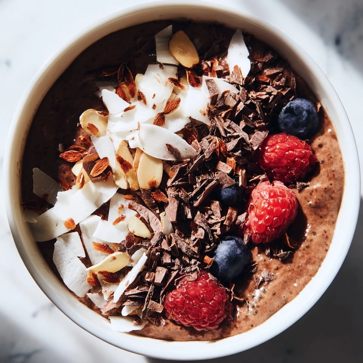 Rich cocoa coconut almond chia pudding topped with toasted almonds and shredded coconut in glass jars