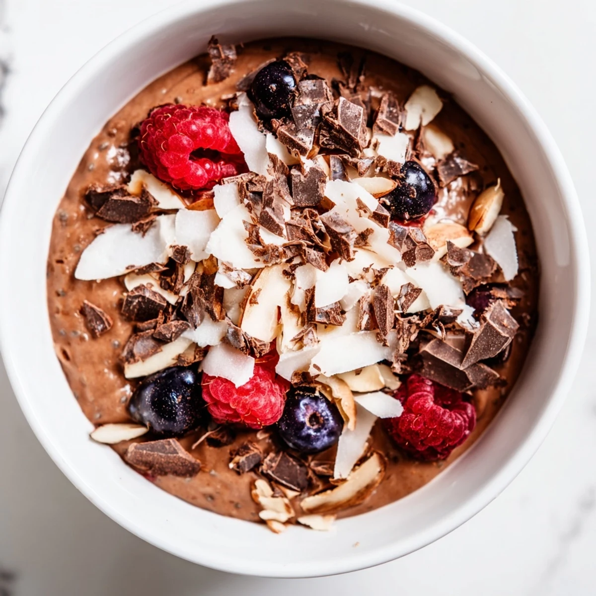 Creamy chocolate chia pudding layered with coconut milk, sliced almonds and dark chocolate shavings for breakfast