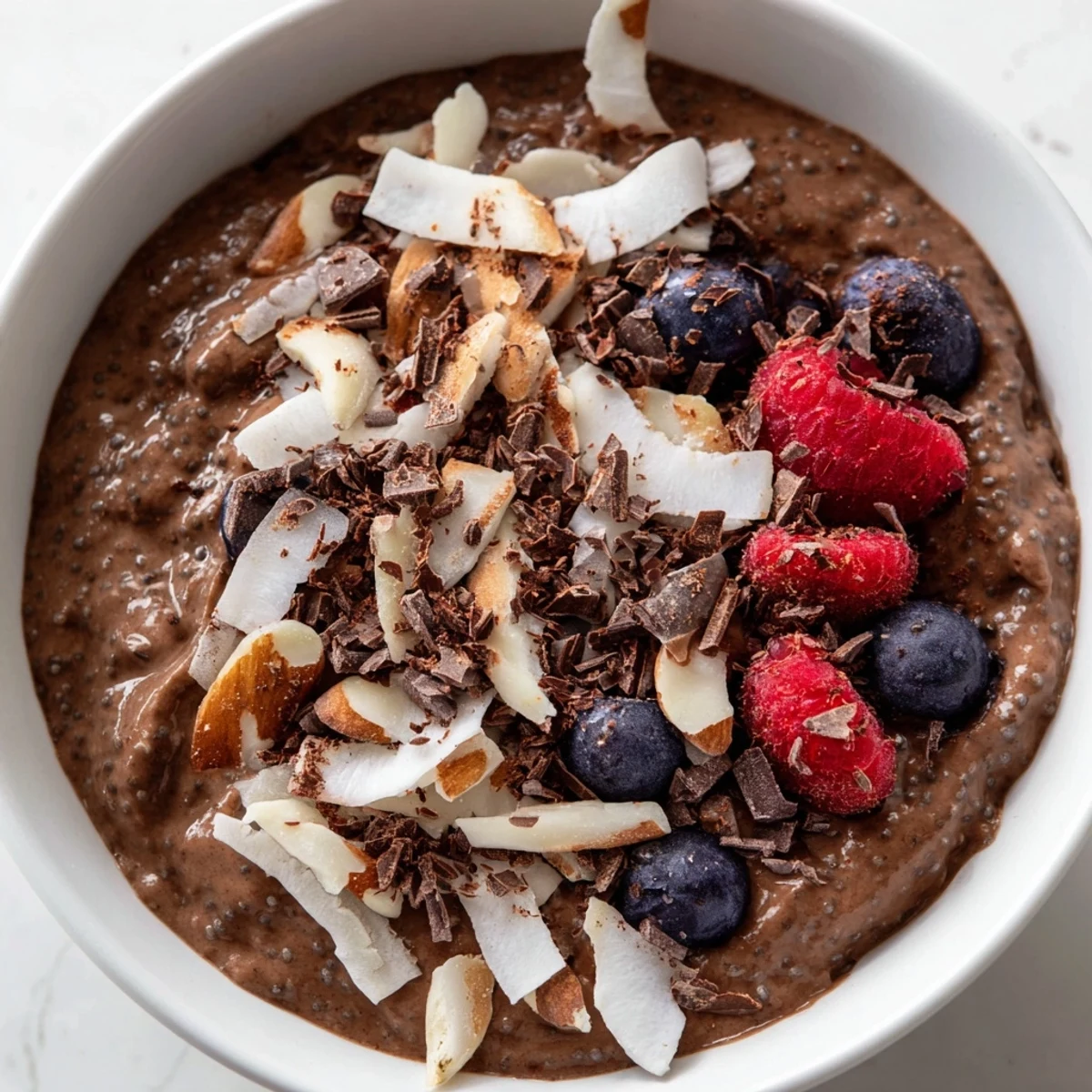 Vegan cocoa coconut almond chia pudding garnished with crunchy almonds and fresh berries on white background