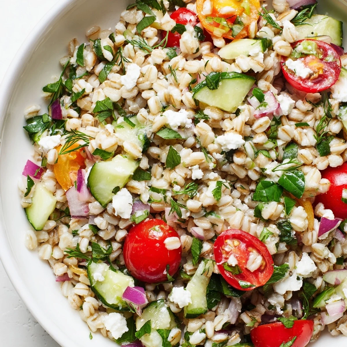 Golden bowl of Lemon Herb Barley Garden Bowl topped with colorful vegetables and fresh parsley garnish