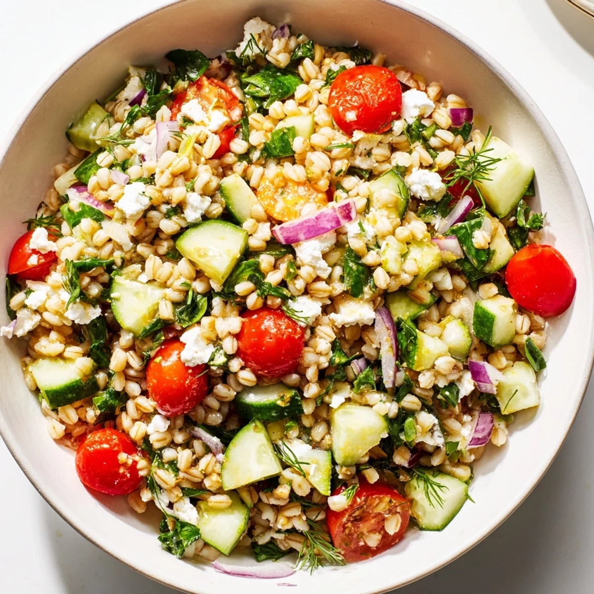 Vibrant grain bowl featuring tender barley, crisp cherry tomatoes, cucumber, and tangy lemon-herb dressing