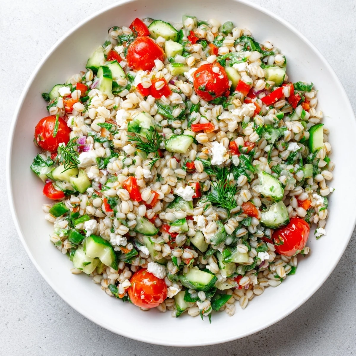 Wholesome Lemon Herb Barley Garden Bowl arranged with spinach, bell peppers, and crumbled feta cheese topping
