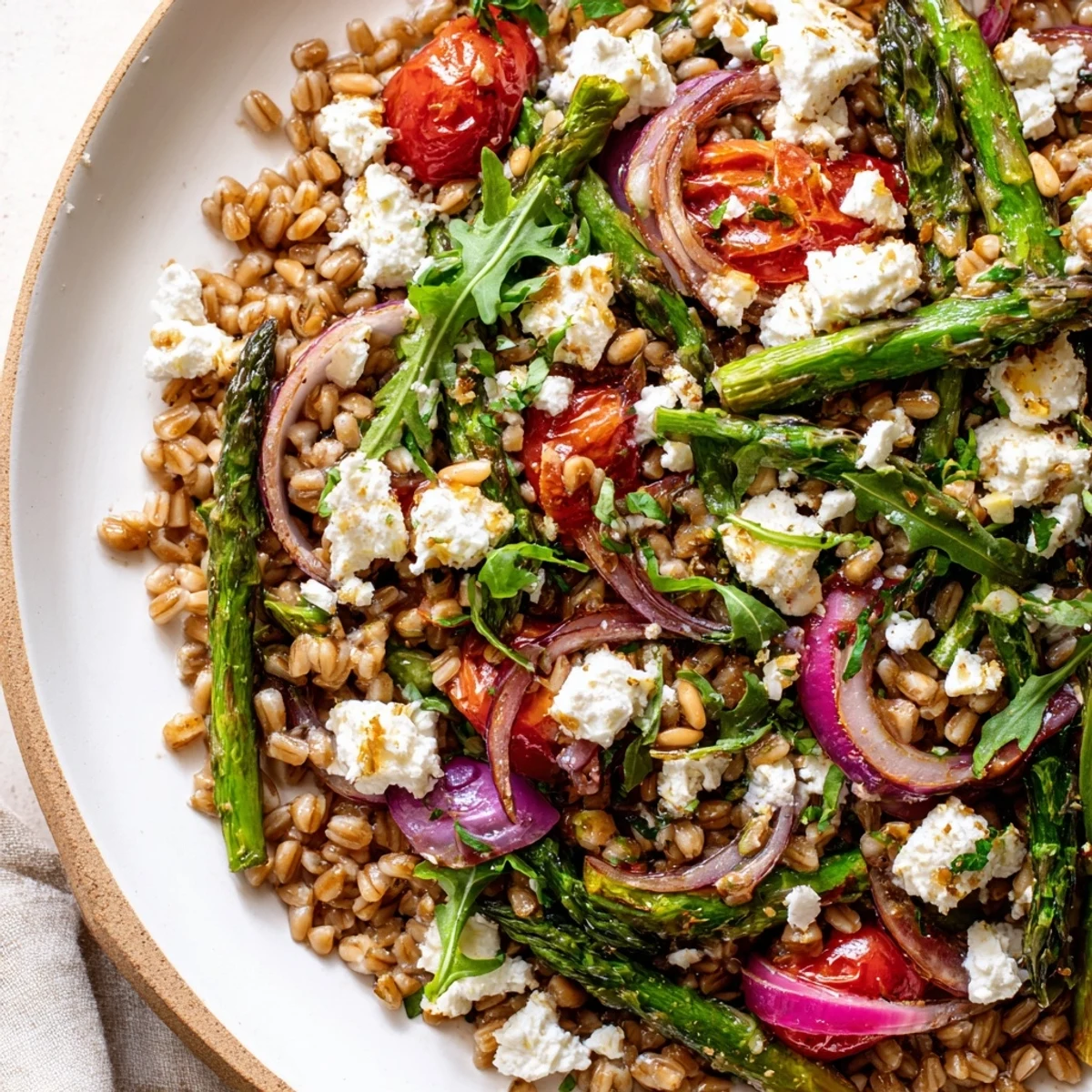 Golden warm farro salad topped with roasted asparagus and cherry tomatoes in a bowl