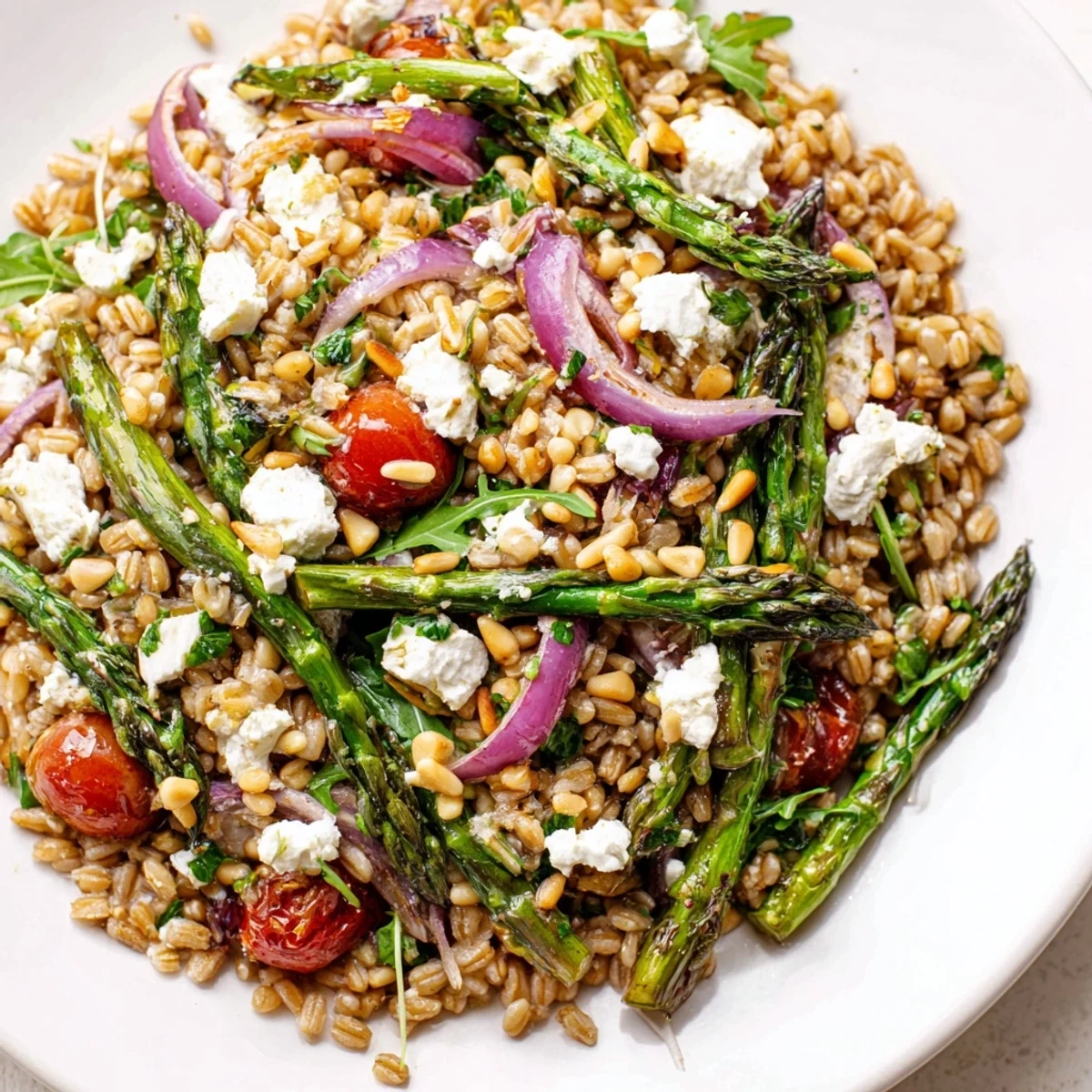Nutty farro grain bowl with tender roasted asparagus and fresh lemon vinaigrette dressing