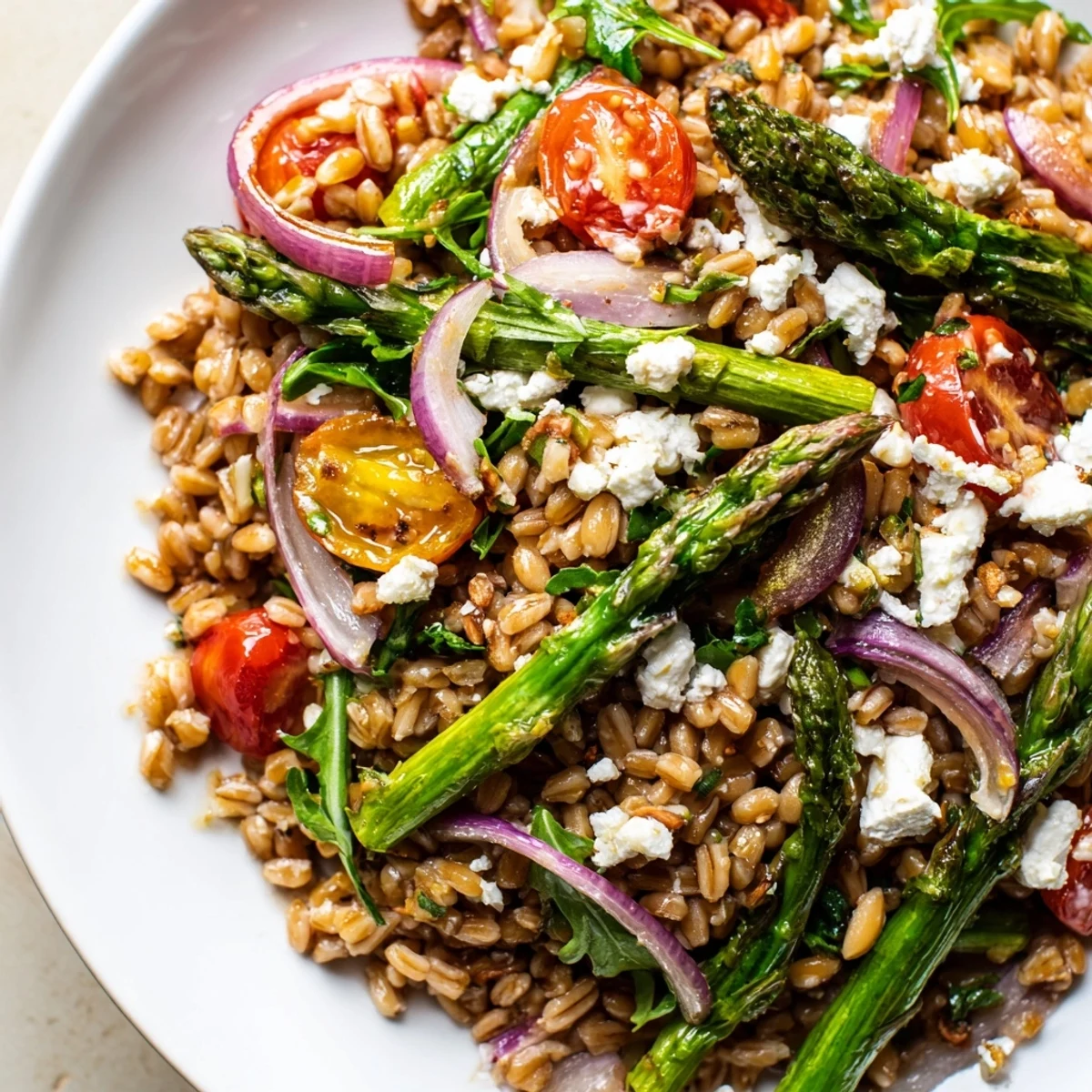 Hearty Mediterranean farro salad with crisp asparagus, arugula, and crumbled feta cheese topping