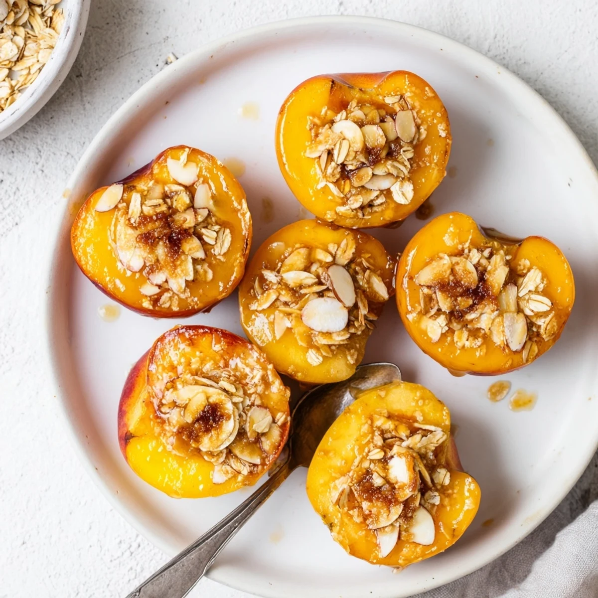 Golden baked maple almond peaches with caramelized edges and crunchy nut topping