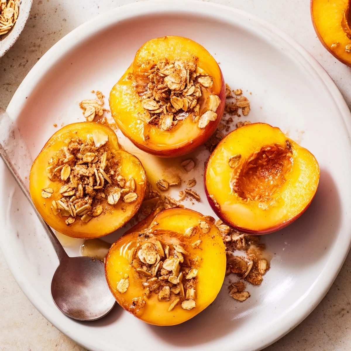 Fresh peach halves drizzled with sweet maple glaze and toasted sliced almonds
