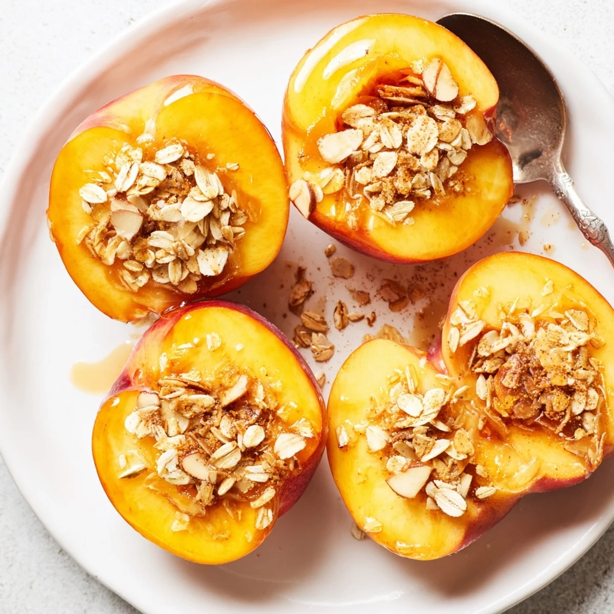 Warm maple almond baked peaches served with melting vanilla ice cream