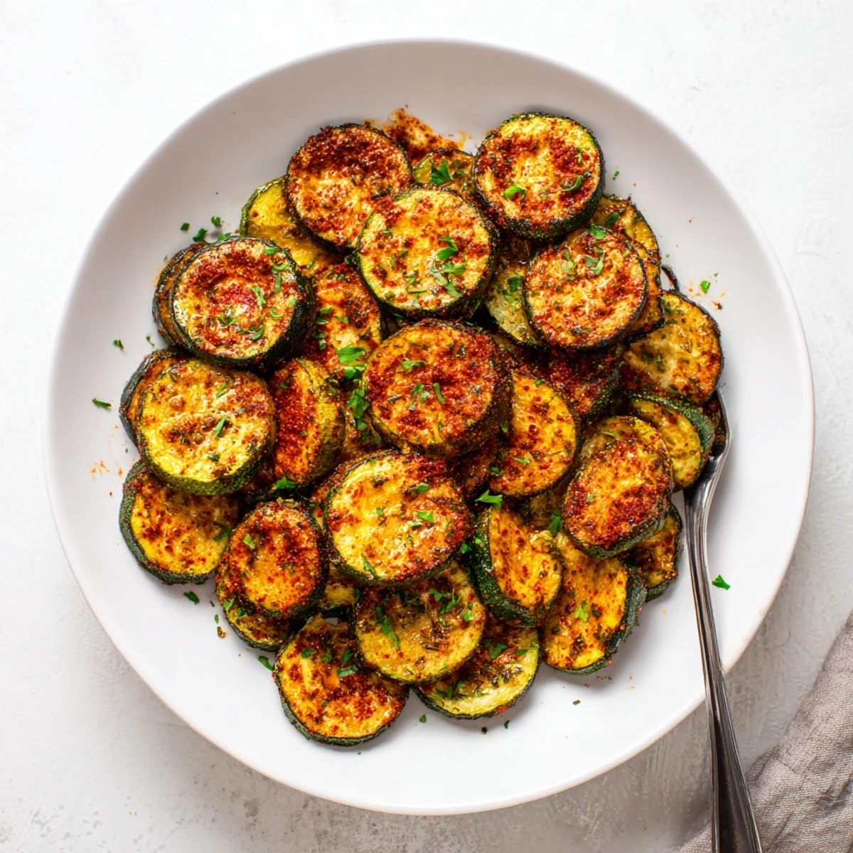 Vibrant roasted zucchini rounds with red paprika spice garnished with fresh green parsley