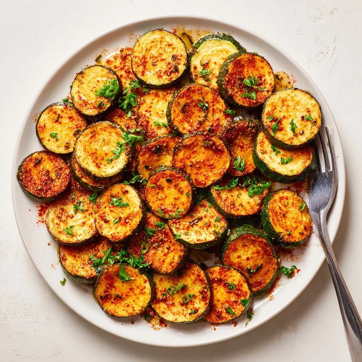 Golden brown zucchini slices coated in smoky paprika seasoning roasted to tender perfection