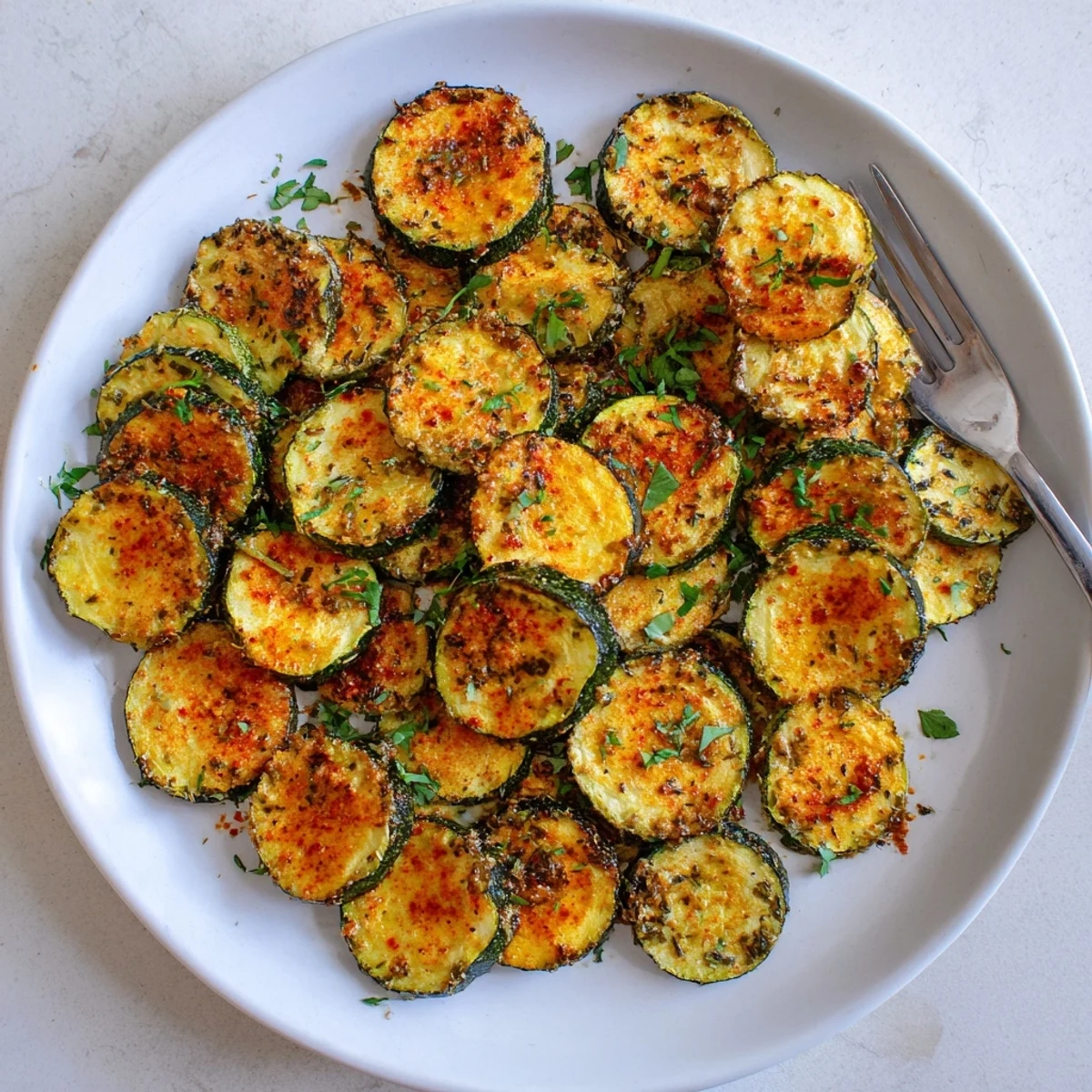 Mediterranean style smoky paprika roasted zucchini arranged on white serving platter with lemon