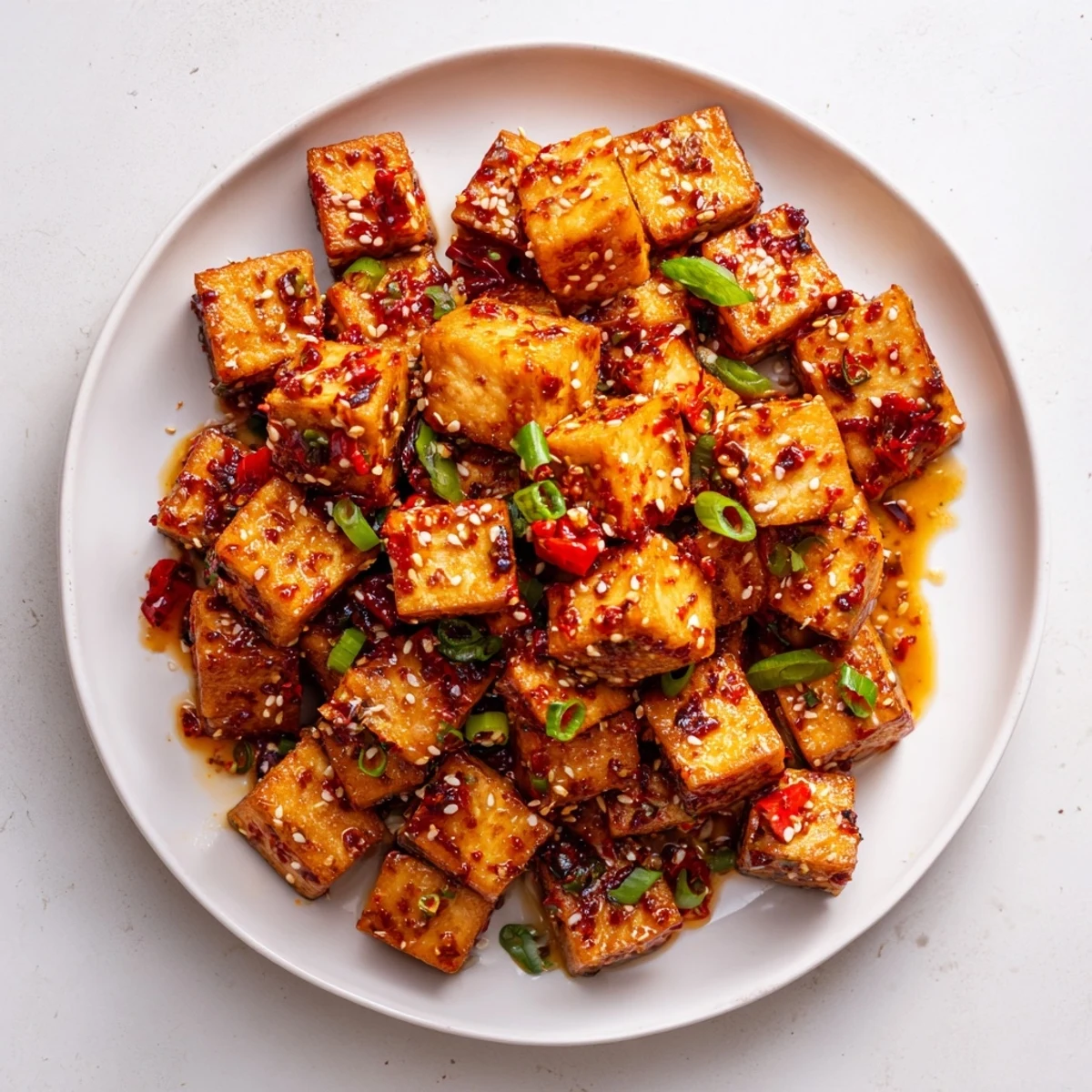Golden crispy chili garlic tofu cubes coated in spicy red sauce and garnished with green onions and sesame seeds