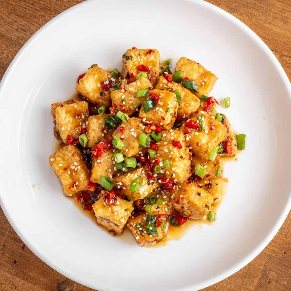 Crunchy tofu bites glazed with homemade spicy chili garlic sauce topped with toasted sesame seeds and sliced onions