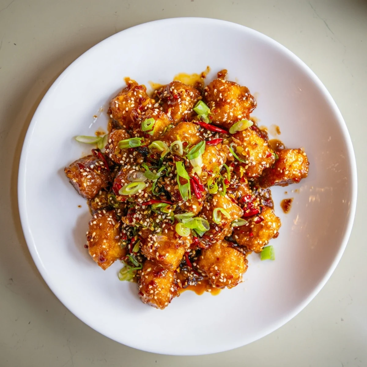 Pan-fried tofu pieces tossed in aromatic chili garlic glaze served on a white plate with fresh scallions