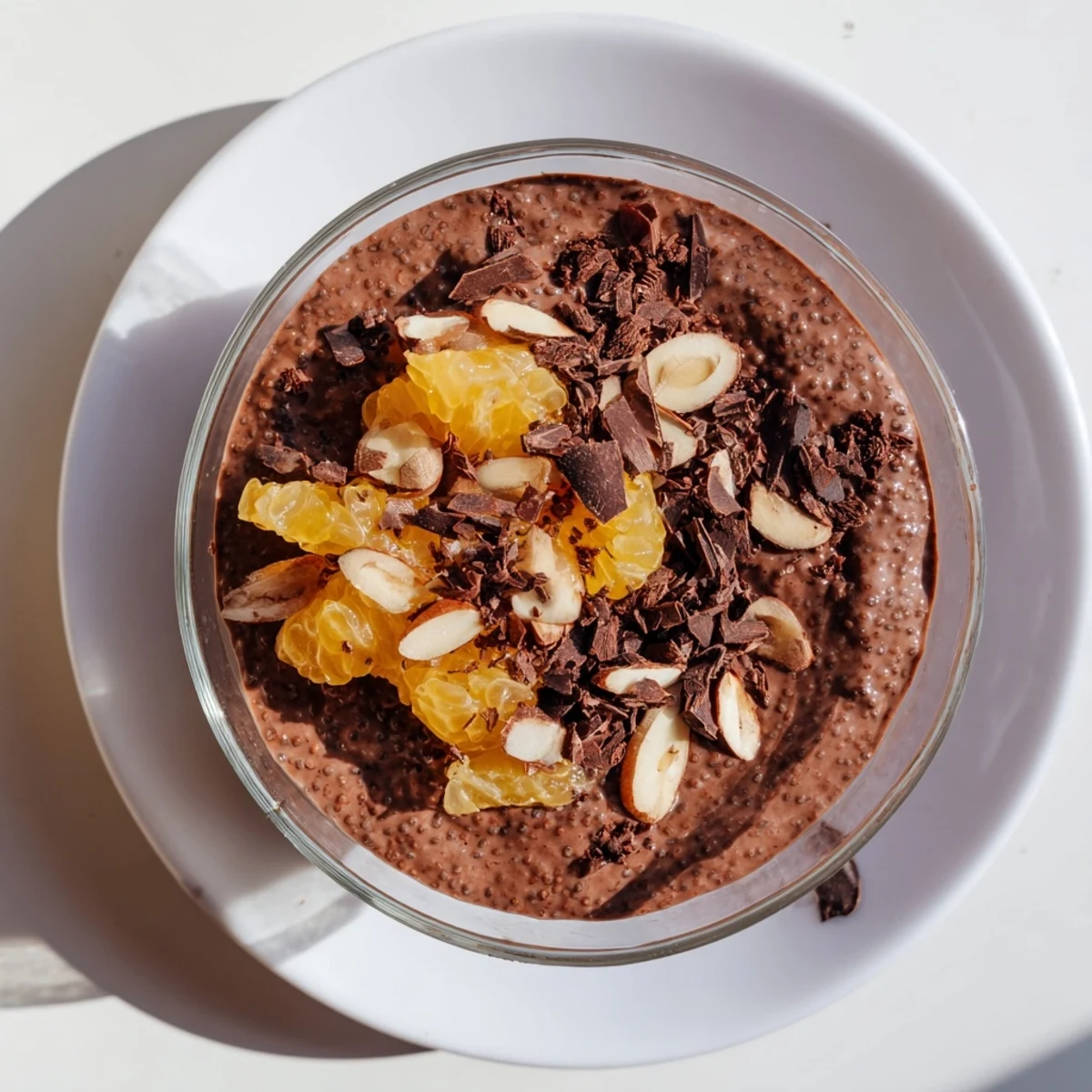 Creamy cacao orange chia pudding topped with fresh orange segments and dark chocolate shavings in a glass bowl