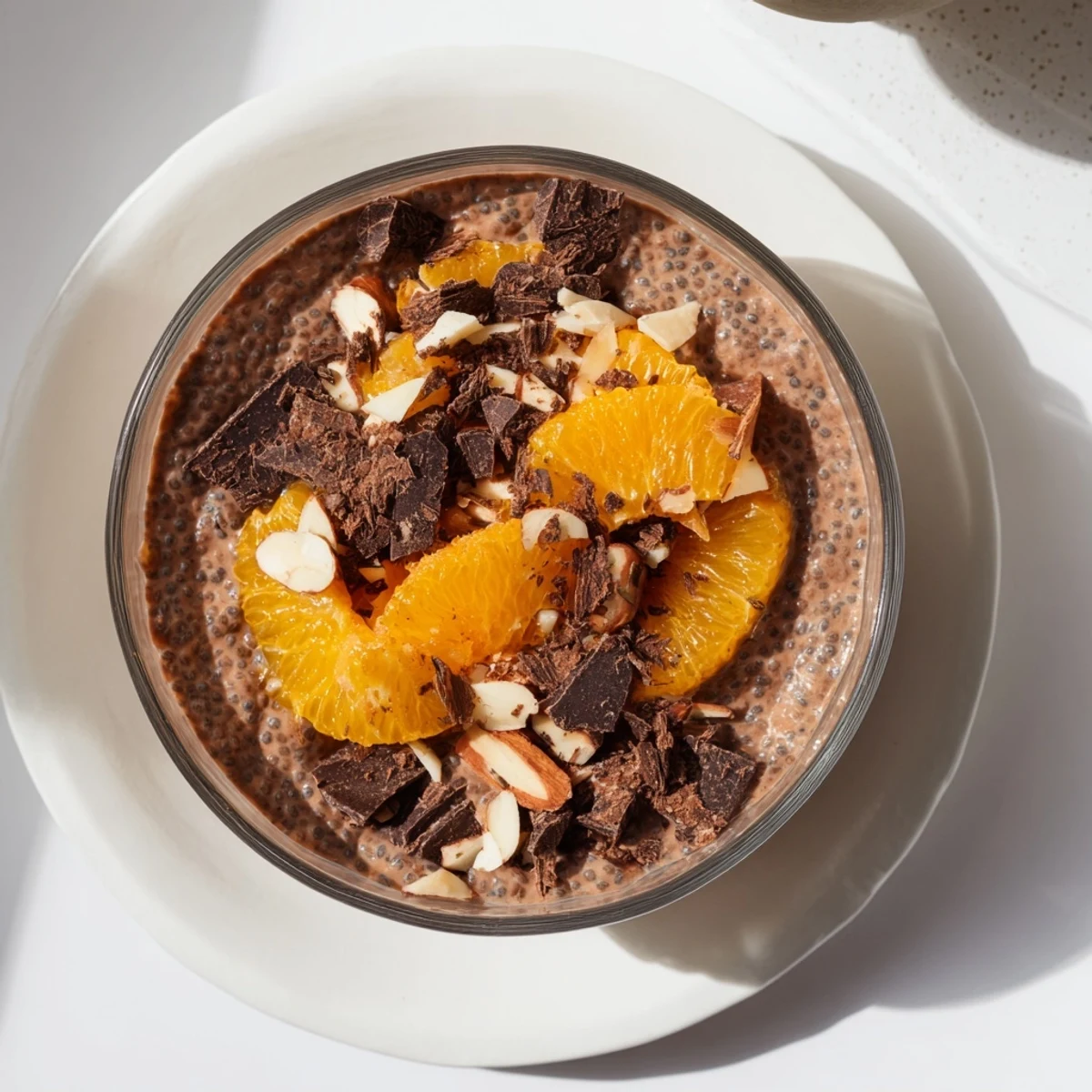 Rich chocolate chia pudding infused with bright orange zest garnished with toasted almonds and fresh fruit
