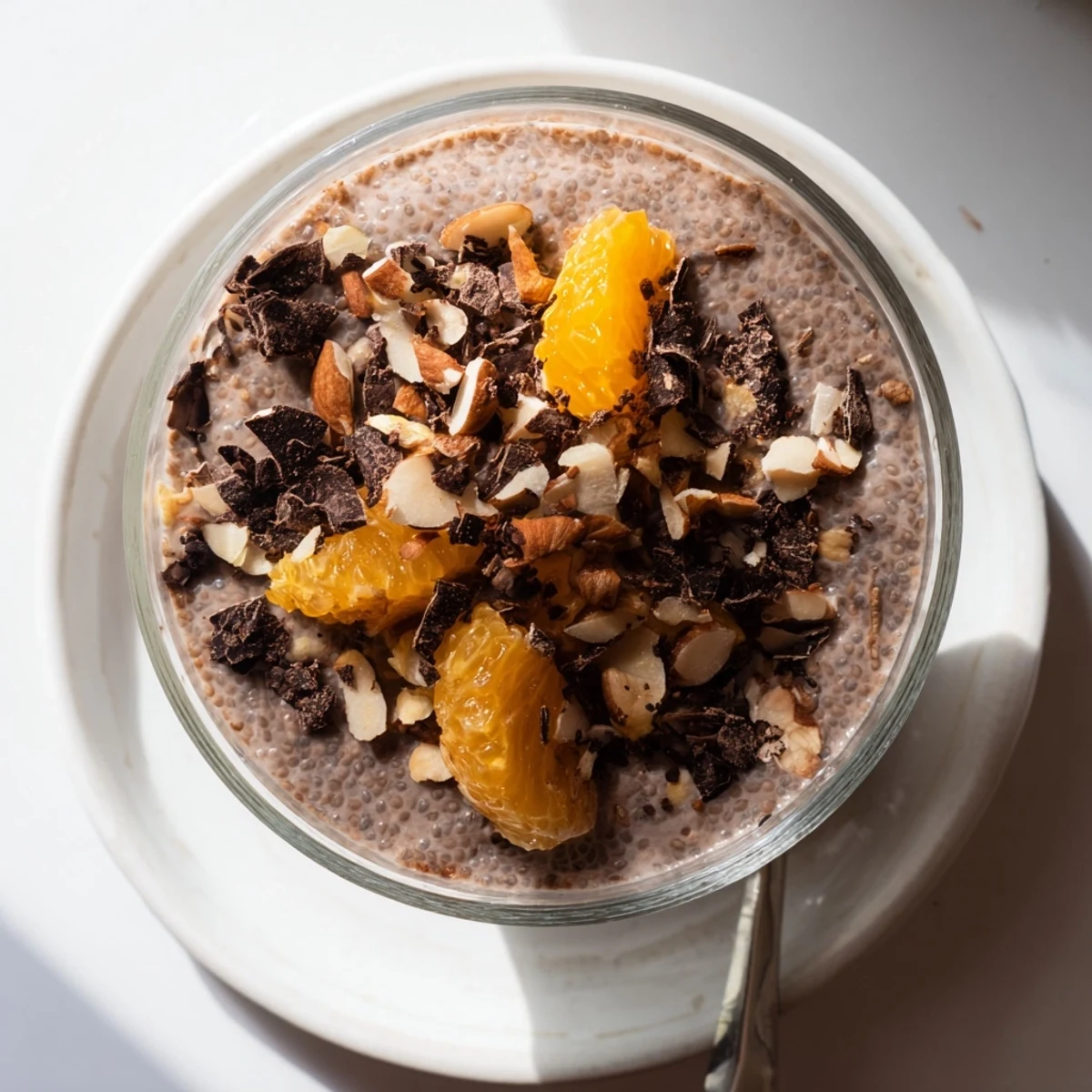 Vegan cacao orange chia pudding layered with juicy oranges and chocolate shavings for a healthy dessert