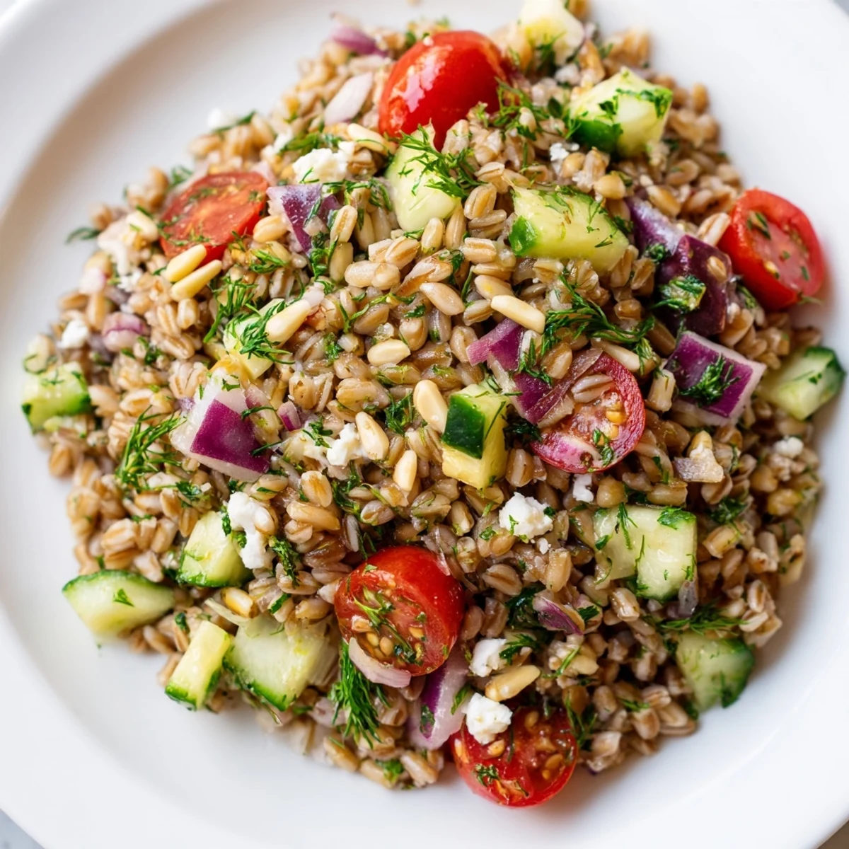 Colorful Lemony Orzo-Style Whole Grain Salad bowl with fresh vegetables and tangy lemon dressing
