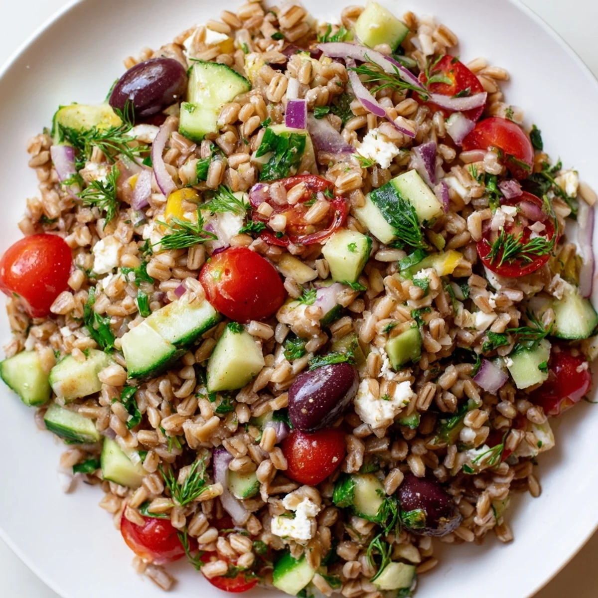 Light vegetarian orzo-style grain salad plated with diced peppers olives and zesty lemon seasoning
