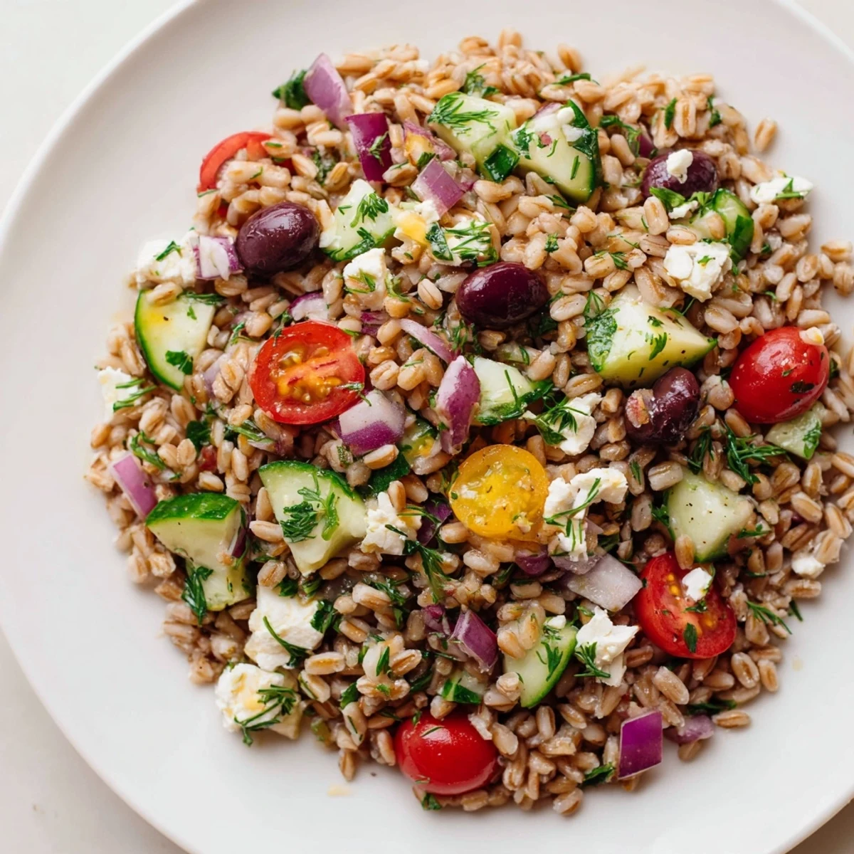 Mediterranean-inspired whole grain salad tossed with cherry tomatoes cucumber parsley and bright citrus vinaigrette