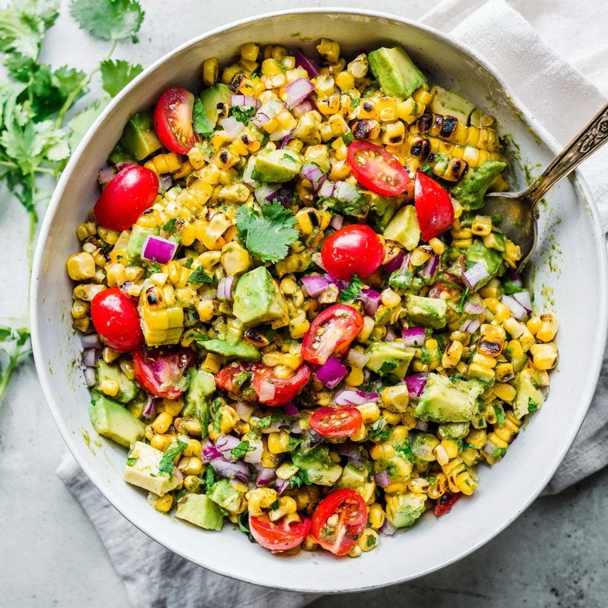 Colorful bowl of charred corn and avocado succotash with vibrant red tomatoes and fresh cilantro garnish