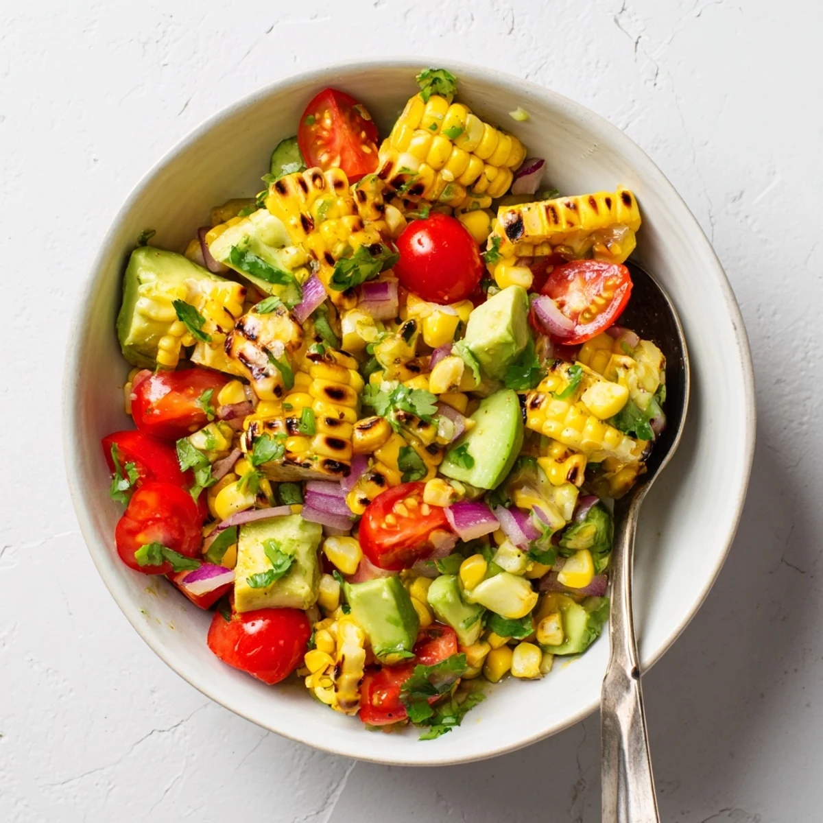 Summer side dish featuring grilled corn kernels mixed with creamy avocado in a bright medley of vegetables