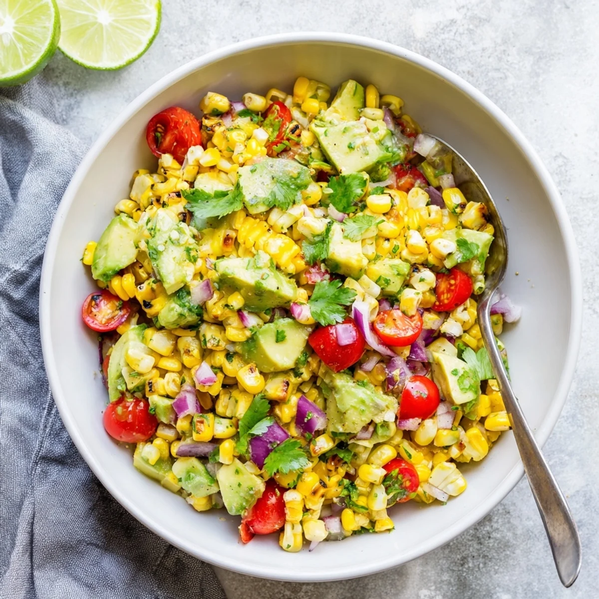 Fresh charred corn and avocado succotash salad served in a white bowl with crisp diced vegetables