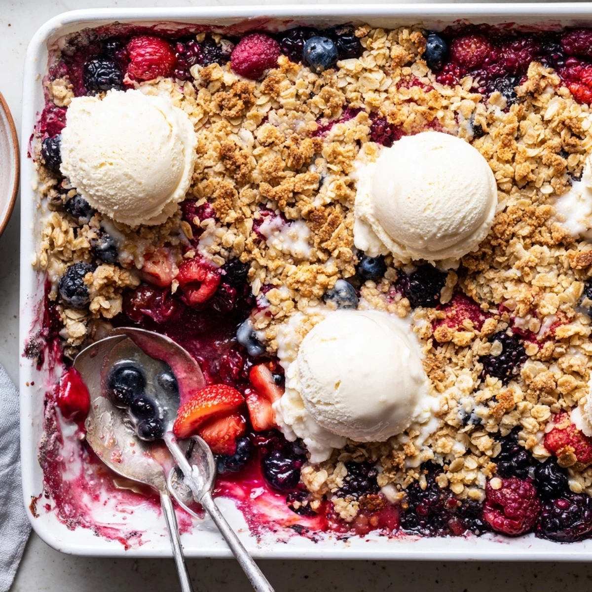 Warm baked vanilla berry coconut crumble dessert with juicy berries and crispy coconut streusel