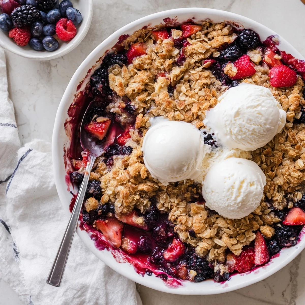 Golden vanilla berry coconut crumble with bubbling mixed fruit and toasted oat topping