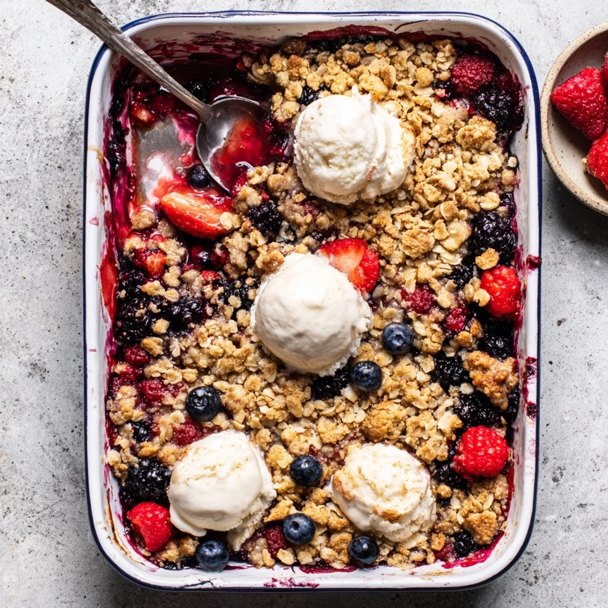 Homemade vanilla berry coconut crumble served in a baking dish with golden brown topping