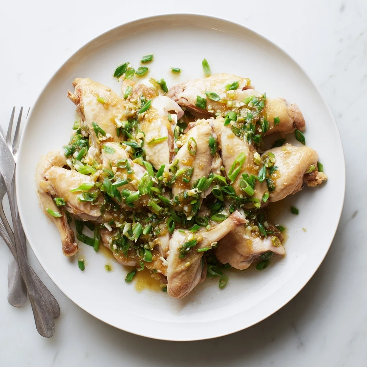 Golden steamed chicken pieces draped in aromatic ginger-scallion sauce with fresh green onion garnish