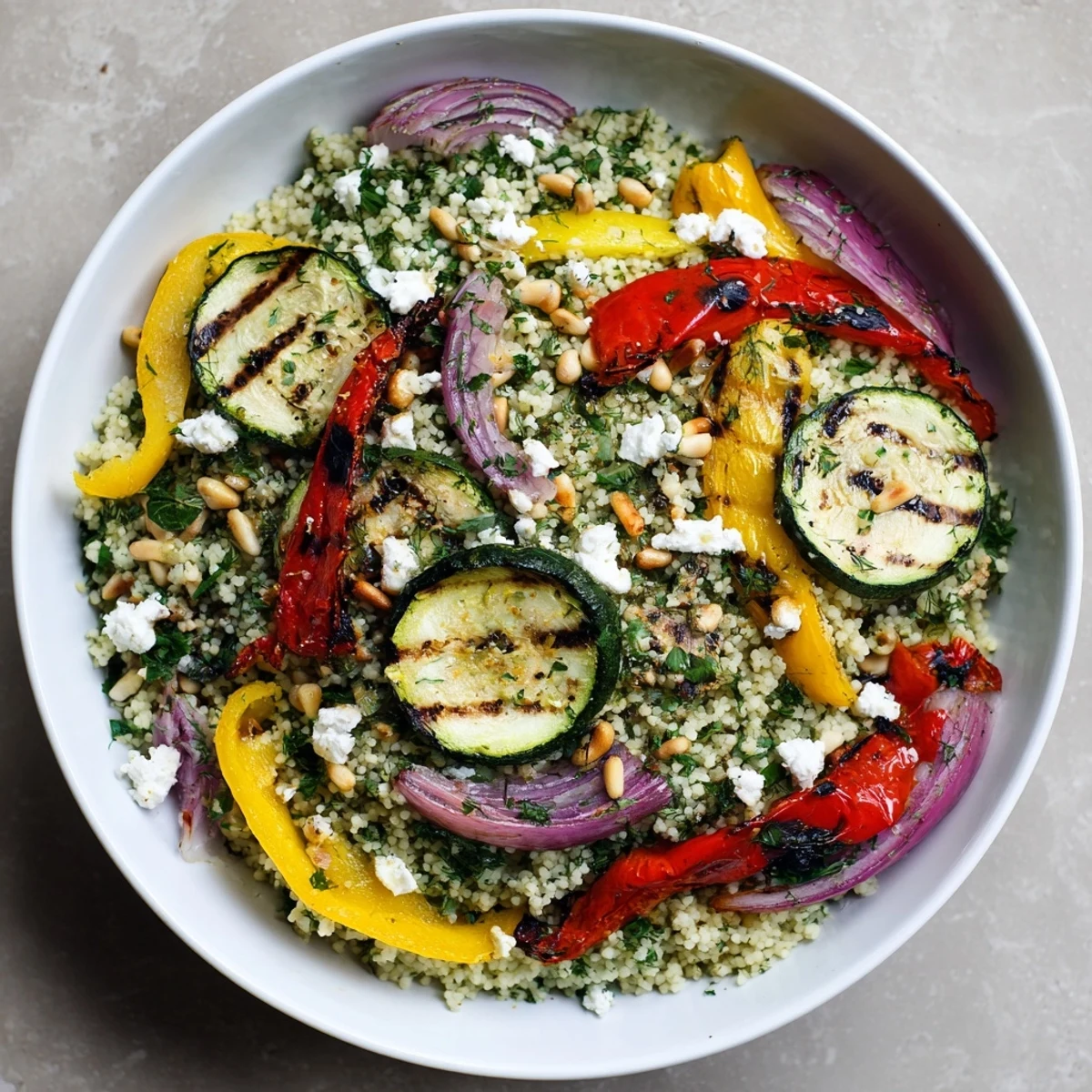 Colorful Mediterranean herbed couscous and grilled vegetable bowl topped with zesty lemon dressing