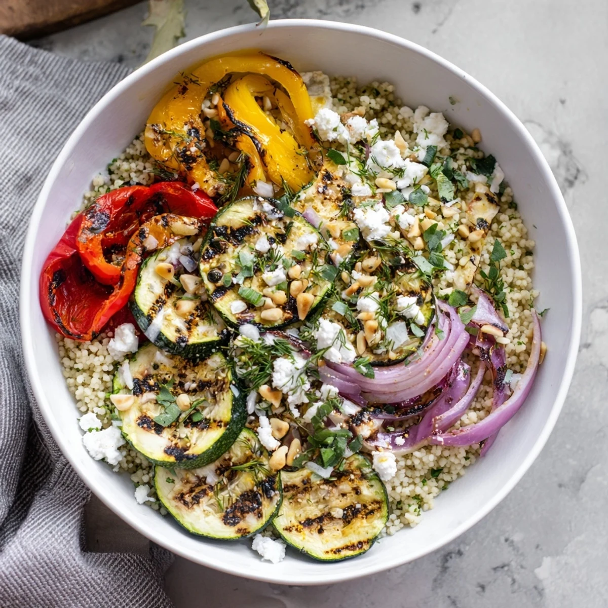 Fluffy herb-infused couscous served with smoky charred zucchini peppers and red onion