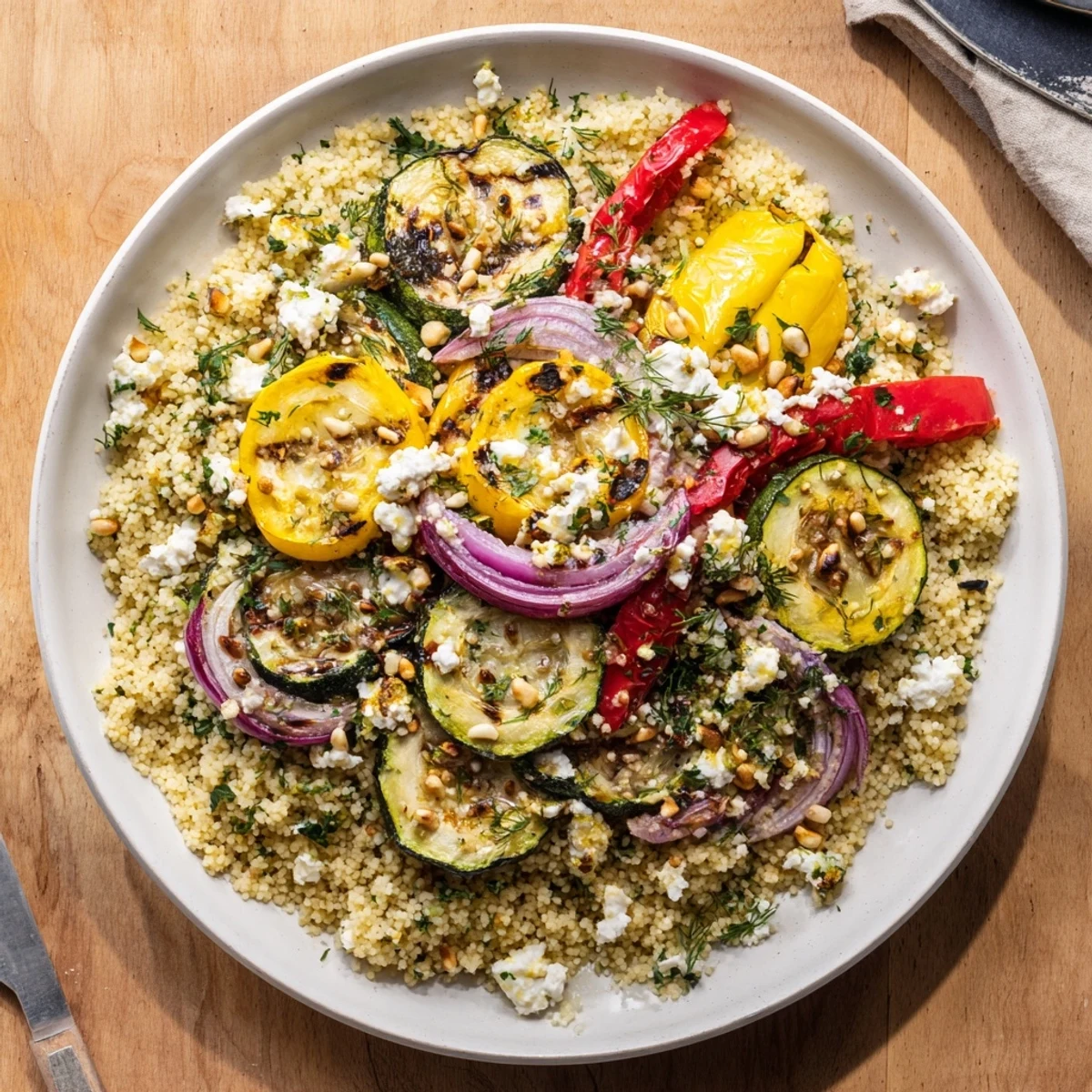 Vibrant vegetarian bowl featuring seasoned couscous alongside grilled summer vegetables and fresh garnishes