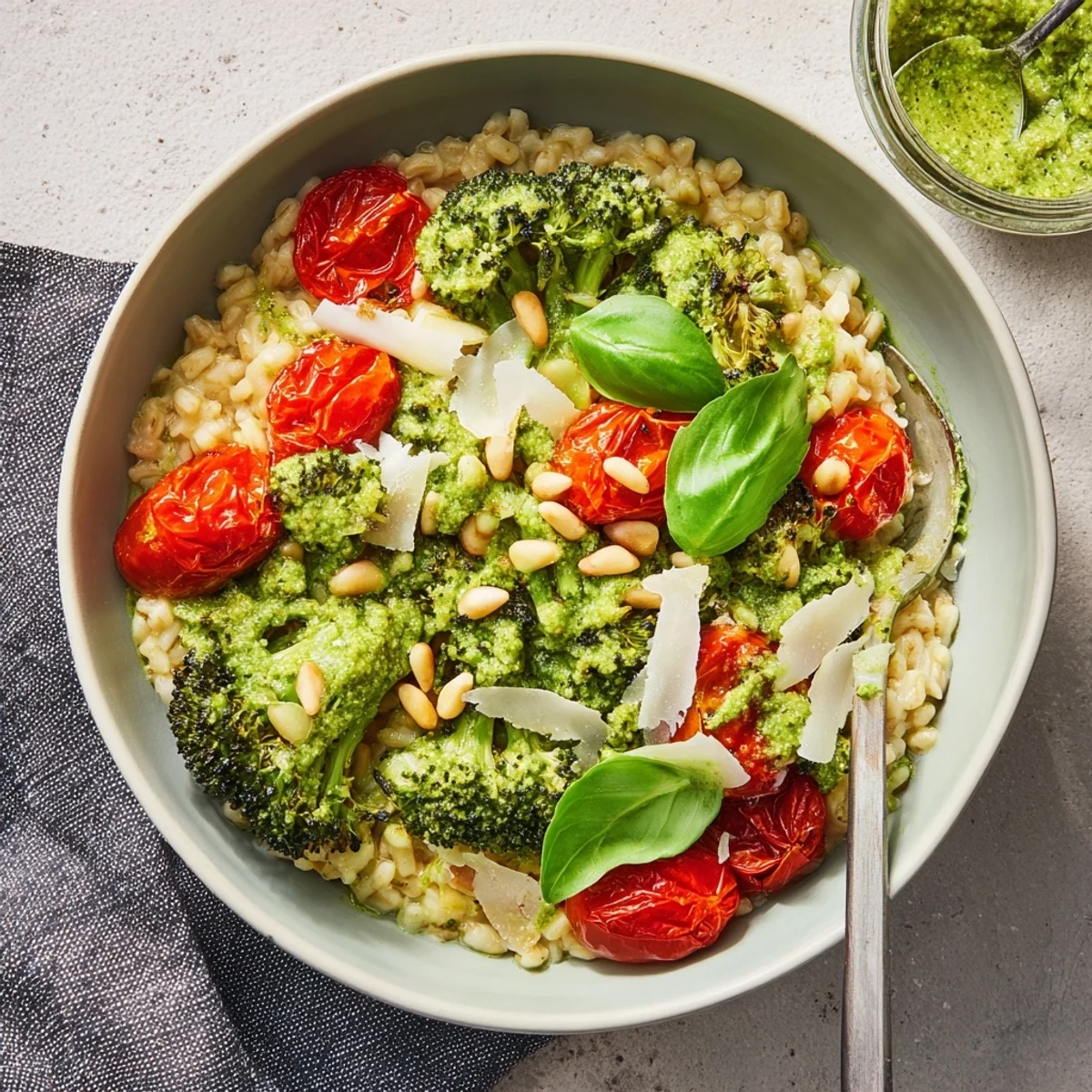 Creamy savory broccoli and pesto oat bowl topped with pine nuts and fresh basil