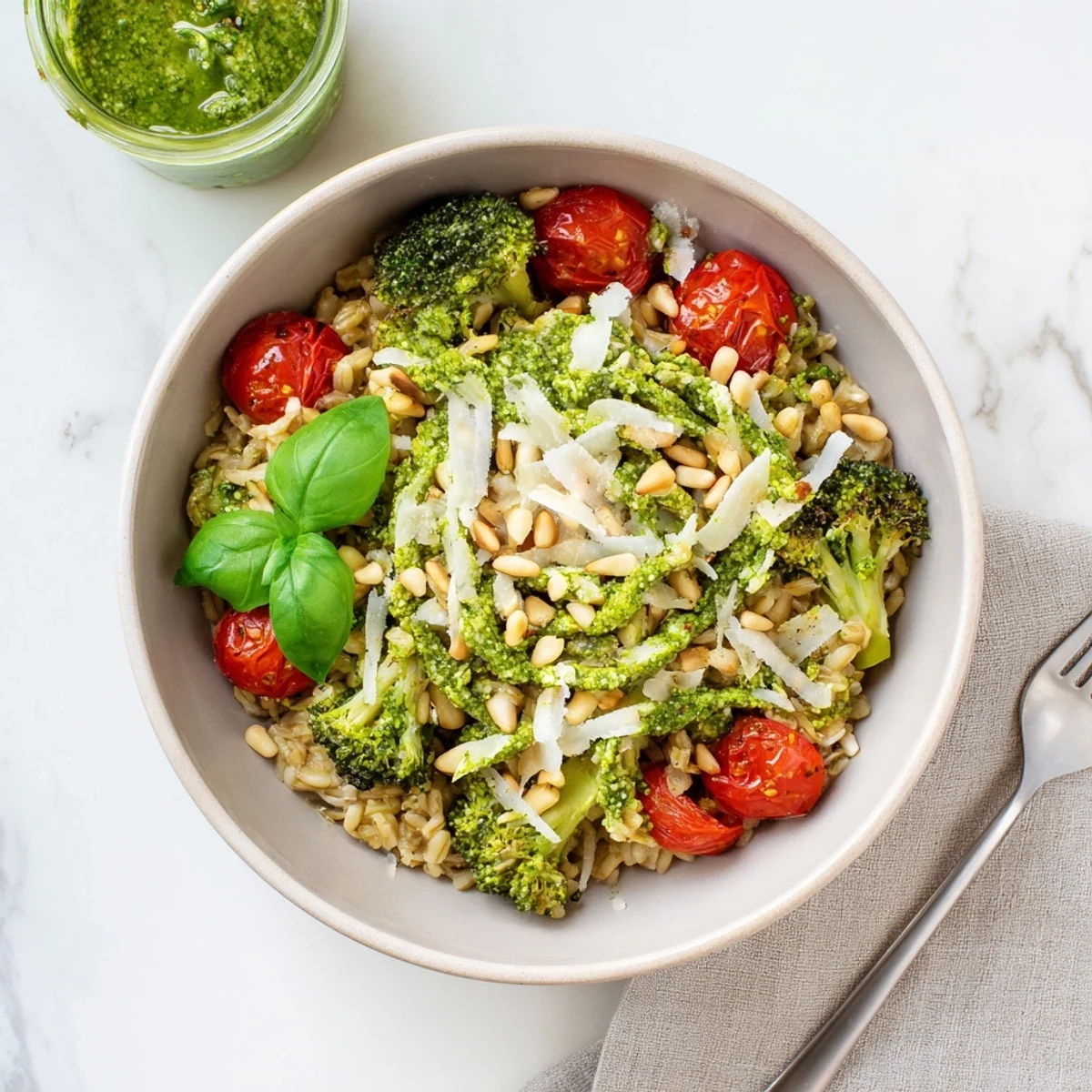 Warm vegetable oatmeal bowl featuring sautéed broccoli florets and vibrant basil pesto drizzle