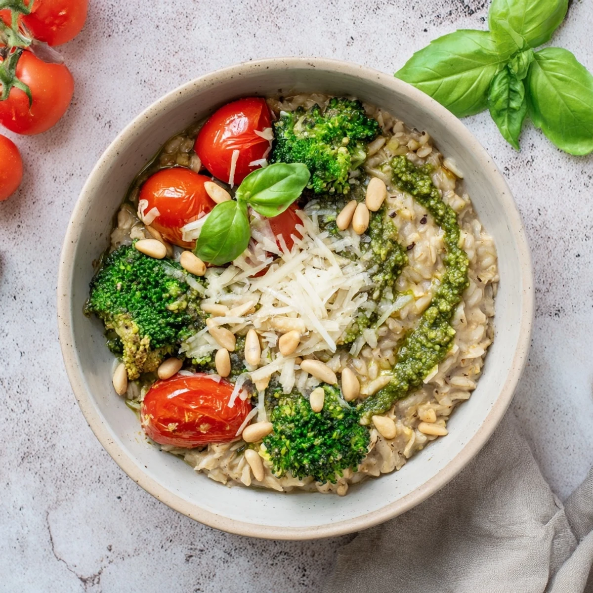 Hearty pesto oatmeal with tender broccoli, cherry tomatoes, and toasted pine nut garnish