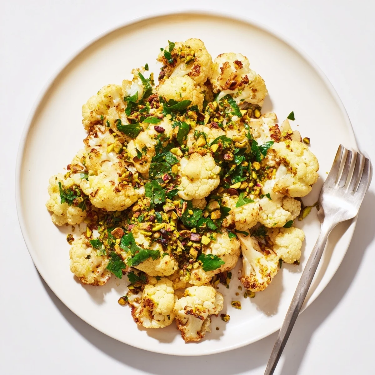 Golden roasted cauliflower flolets topped with vibrant green pistachio herb crunch and lemon zest
