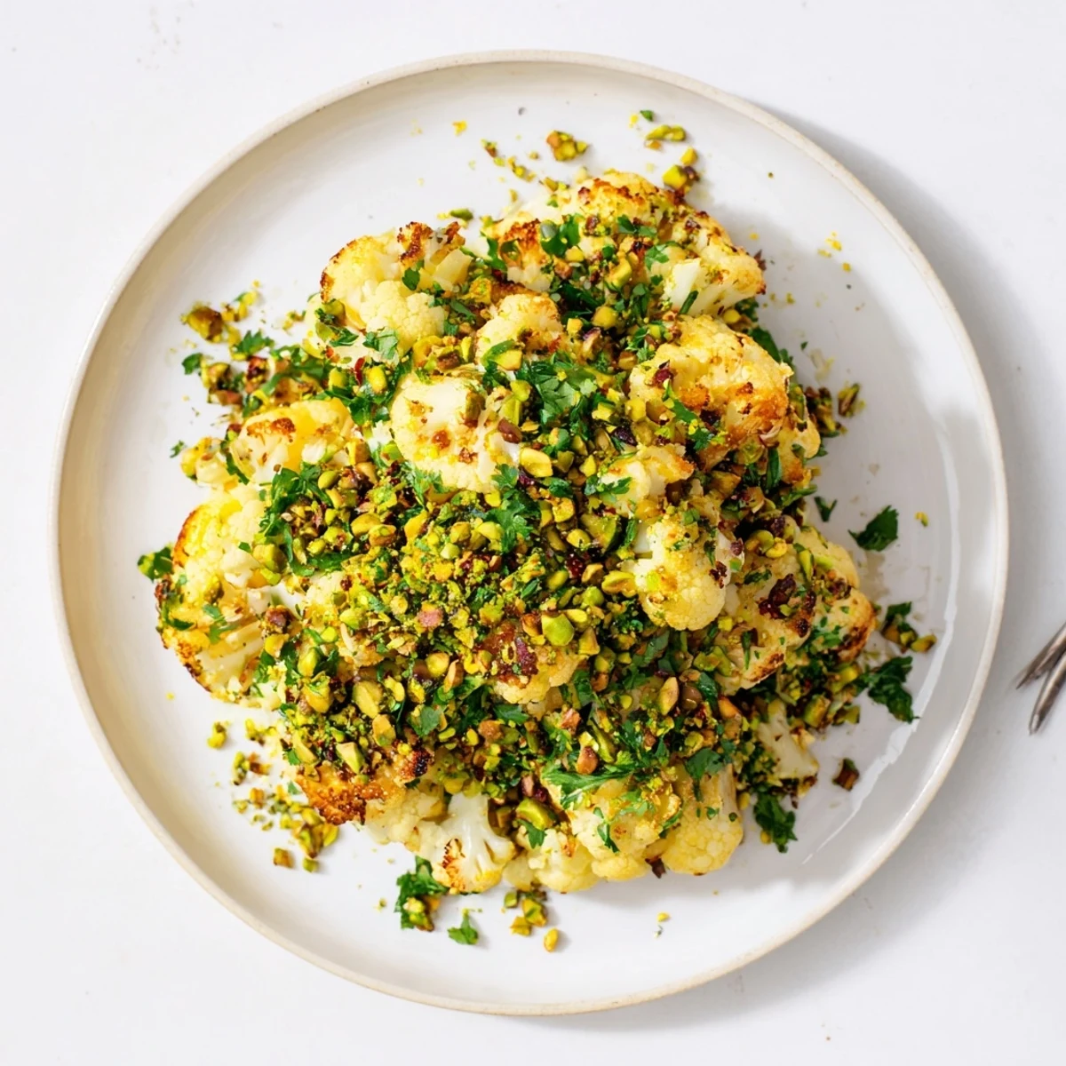 Tender Mediterranean roasted cauliflower with crispy pistachio parsley mint garnish on white platter
