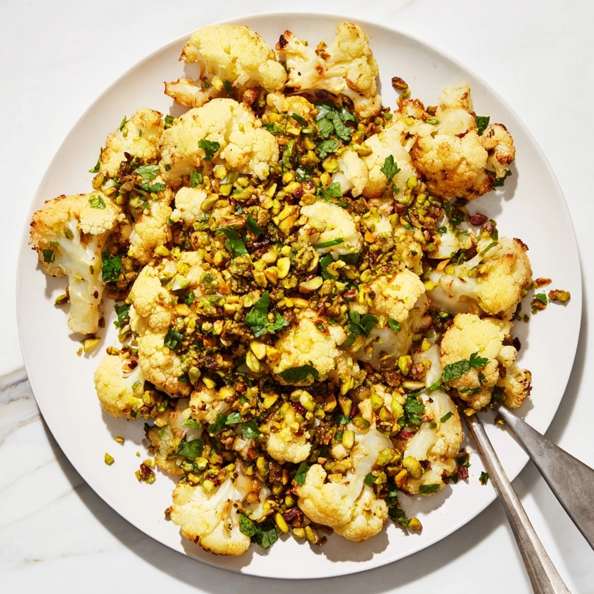 Caramelized cauliflower side dish generously sprinkled with zesty pistachio lemon herb mixture