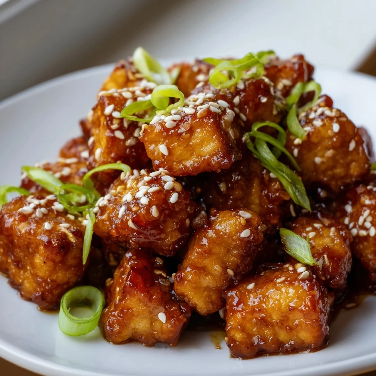 Vegan crispy sweet soy tempeh served over steamed white rice with fresh green onion garnish