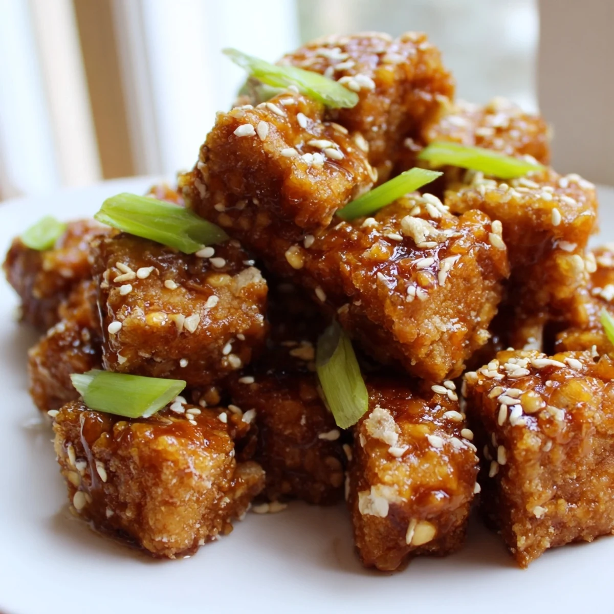 Golden crispy sweet soy tempeh cubes coated in sticky glossy glaze with sesame seeds