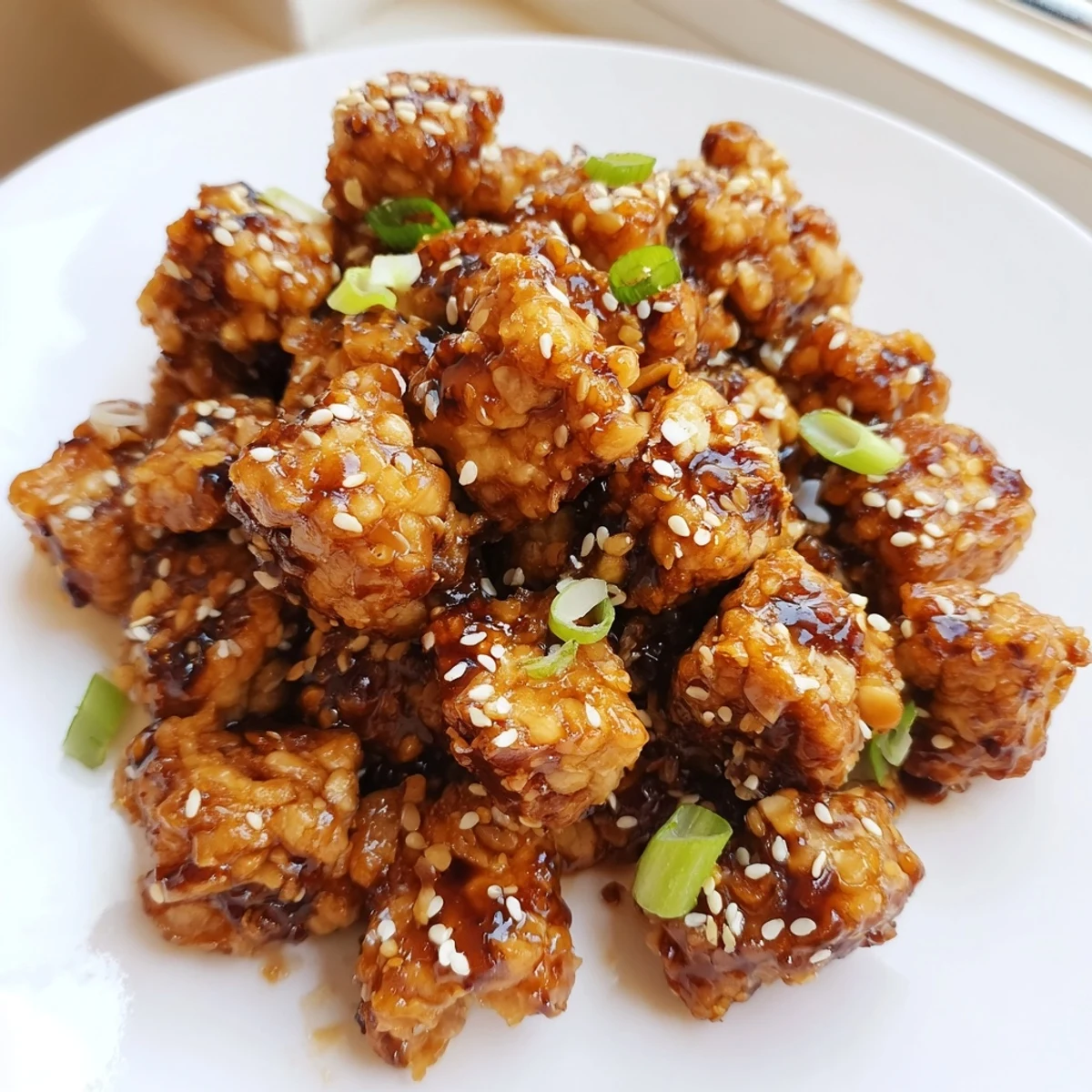 Pan-fried tempeh pieces tossed in sweet soy sauce glaze topped with toasted sesame seeds