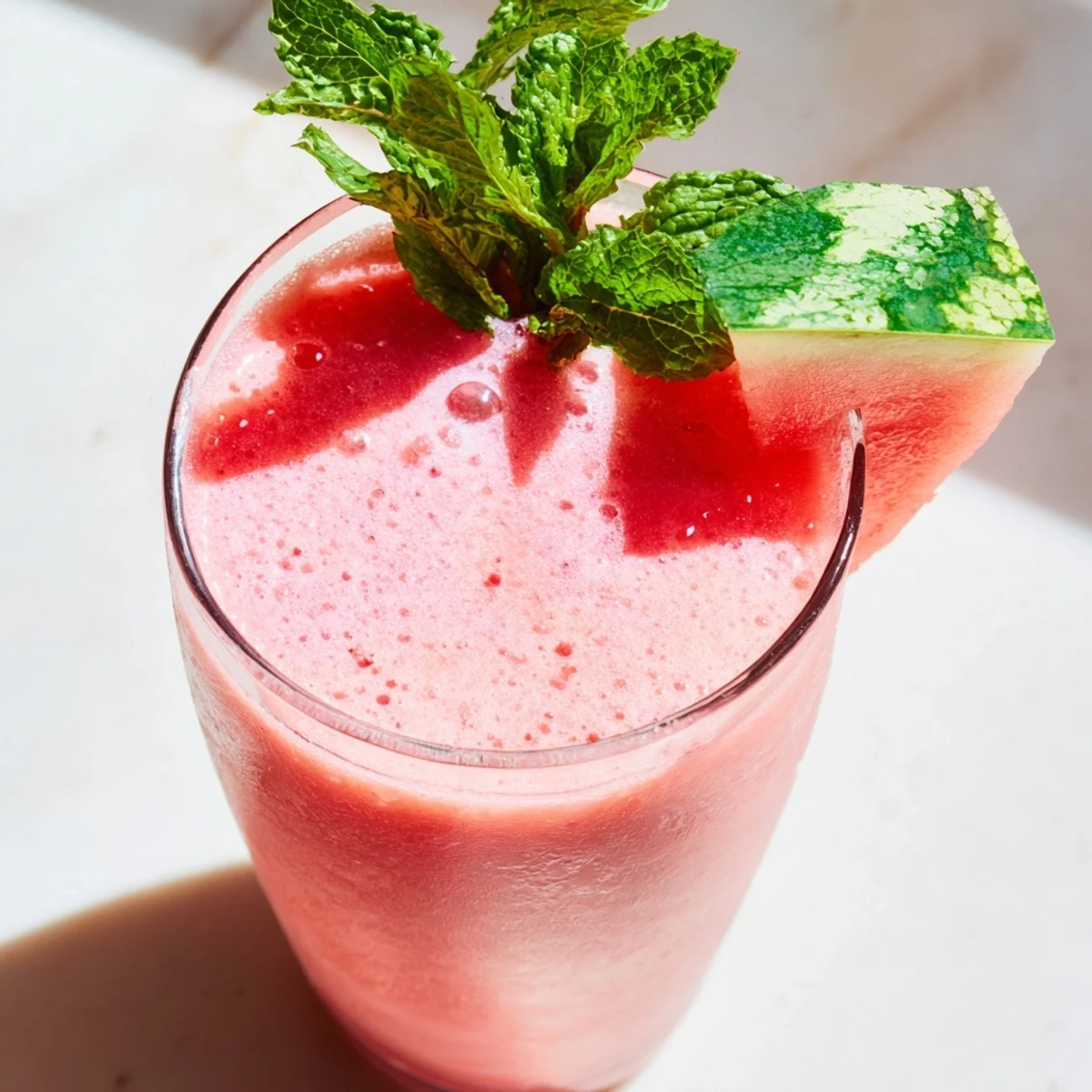 Thick creamy watermelon mint hydration smoothie topped with ice cubes and watermelon wedge