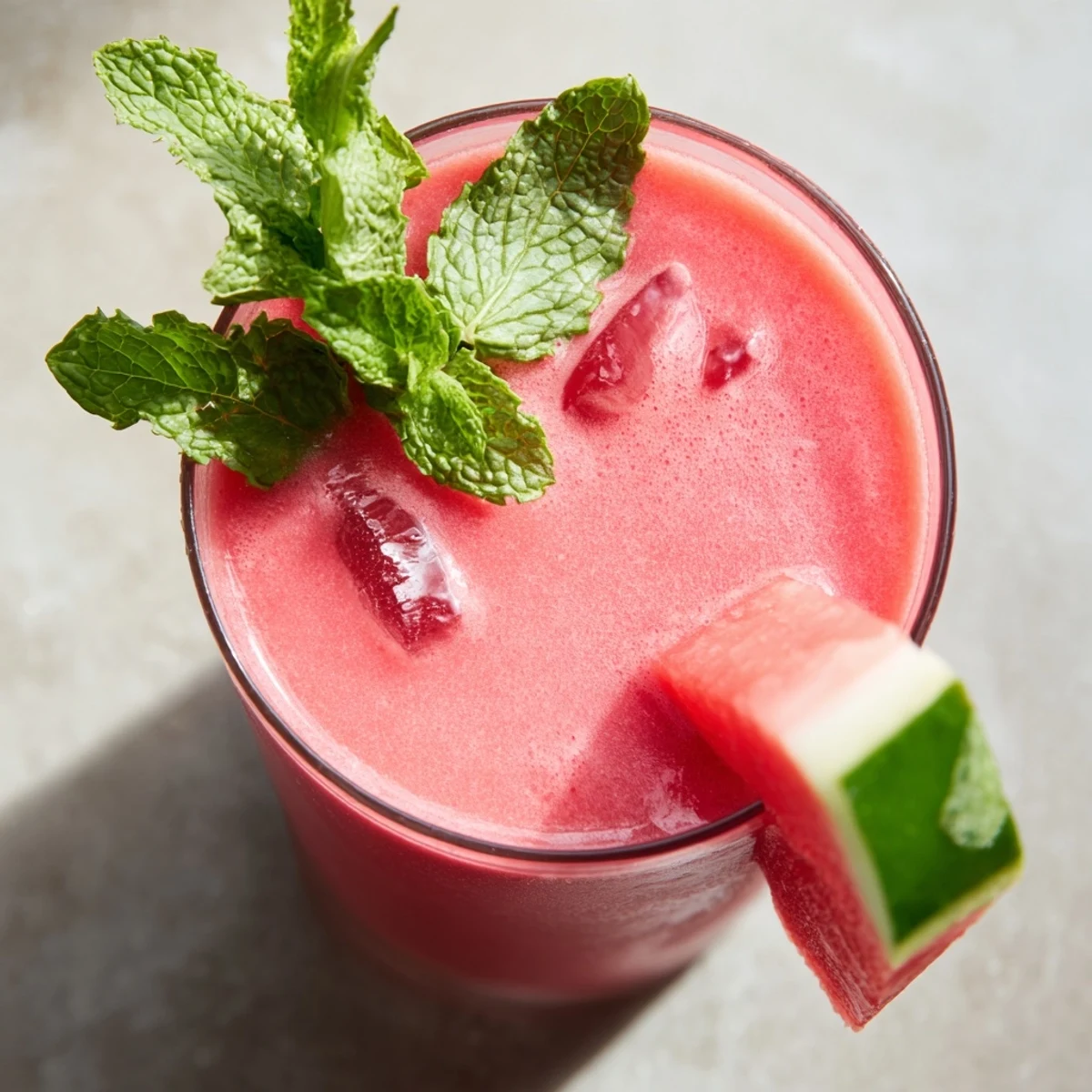 Vibrant pink watermelon mint hydration smoothie garnished with fresh mint sprig in clear glass